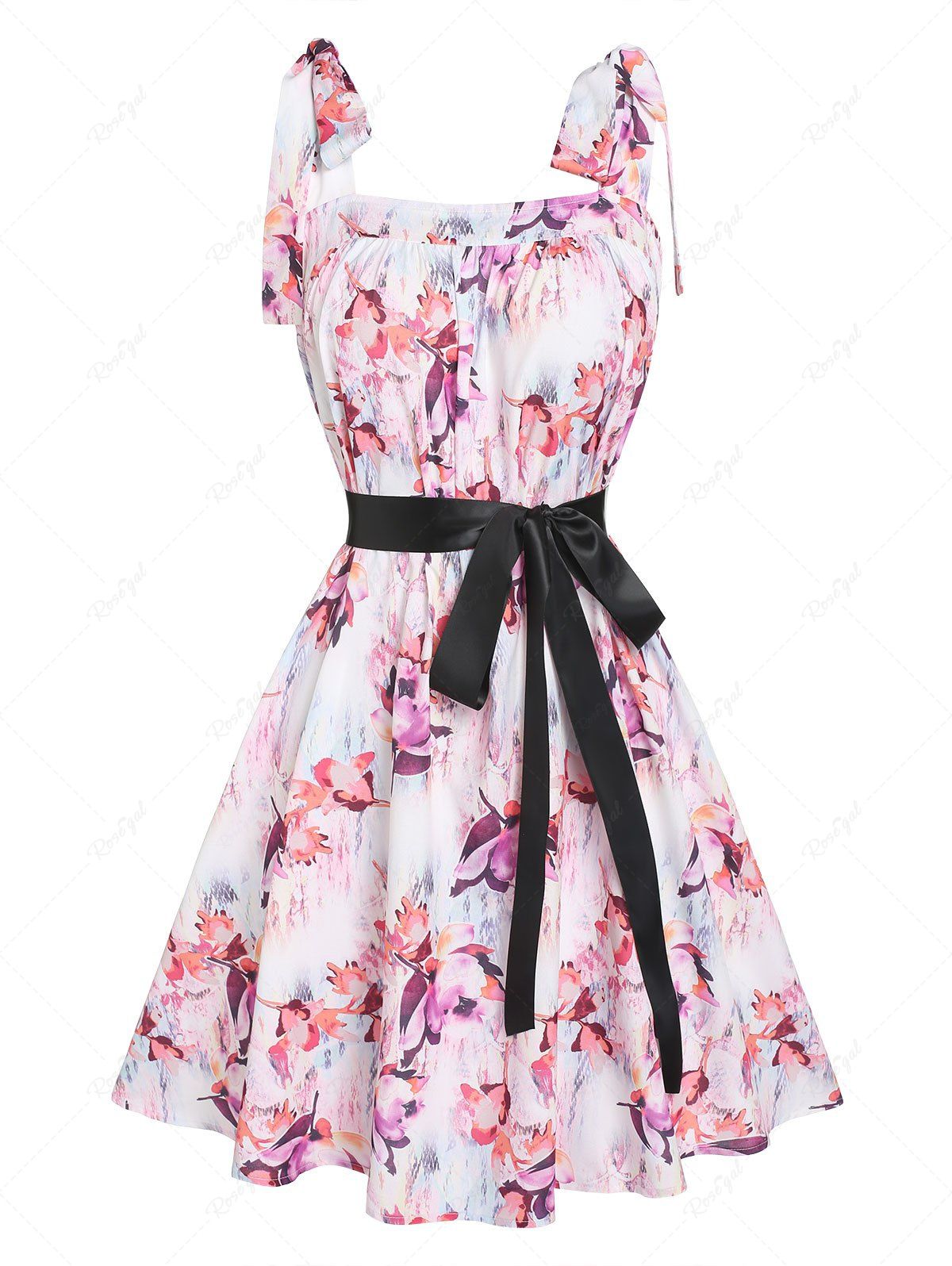 Chic Tie Strap Flower Print Belted Dress  
