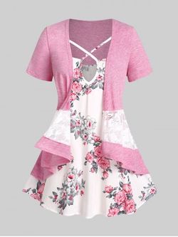 Plus Size & Curve Cottagecore Lace Summer Cardigan and Floral Keyhole Top Set - LIGHT PINK - M | US 10