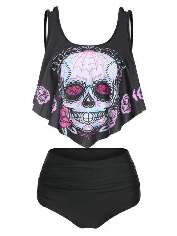 Skull Print Flounce Tankini Swimsuit - BLACK - M