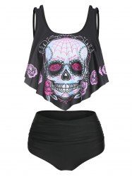 Skull Print Flounce Tankini Swimsuit -  