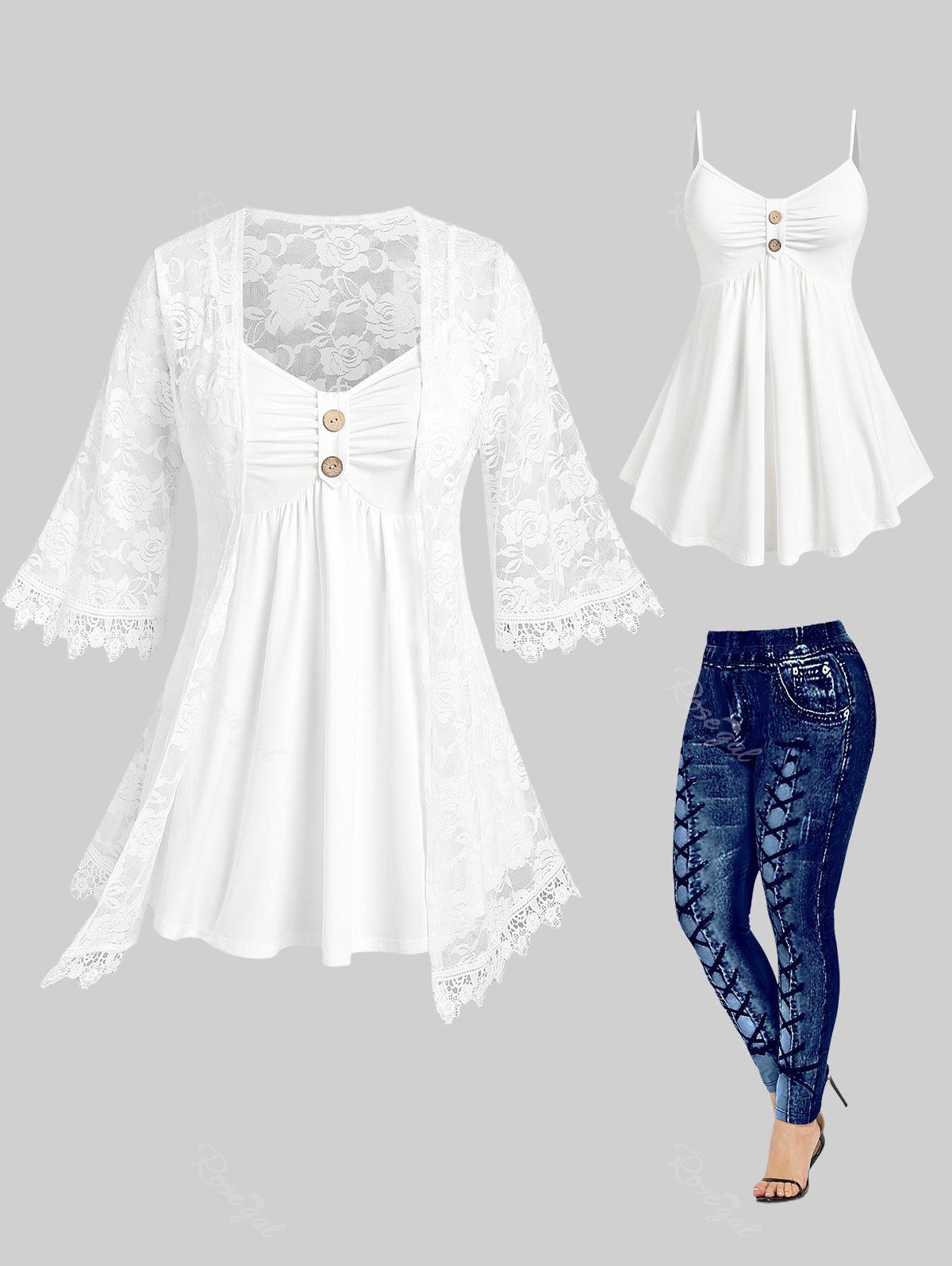 Shops Sheer Lace Cardigan and Cami Top and 3D Printed Leggings Plus Size Summer Outfit  