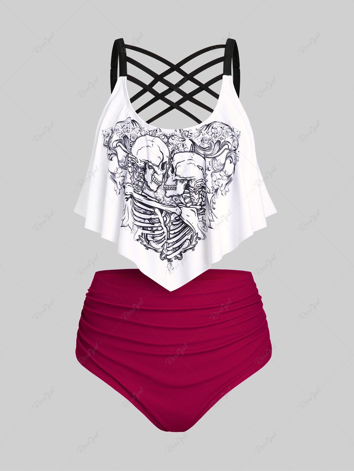 Fashion Plus Size & Curve Skeleton Print Crisscross Ruffled Gothic Tankini Swimsuit  