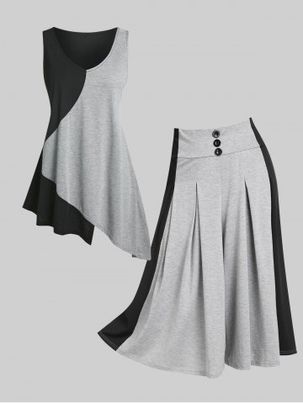 Colorblock Asymmetric Tank Top and Capri Culotte Pants Plus Size Summer Outfit