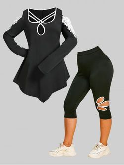Cutout Lace Panel Asymmetric Top and Capri Leggings Plus Size Outfit - 黑色
