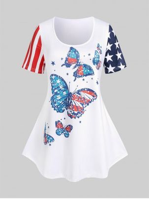 Plus Size & Curve Patriotic American Flag Butterfly Print Tee
