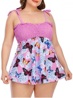 Plus Size & Curve Tie Shoulder Printed Smocked Modest Tankini Swimsuit - LIGHT PINK - XL