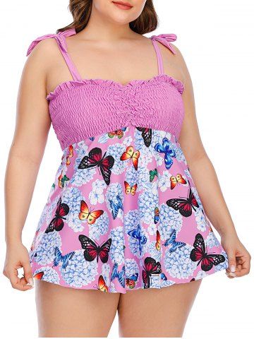 Plus Size & Curve Tie Shoulder Printed Smocked Modest Tankini Swimsuit - LIGHT PINK - 5XL