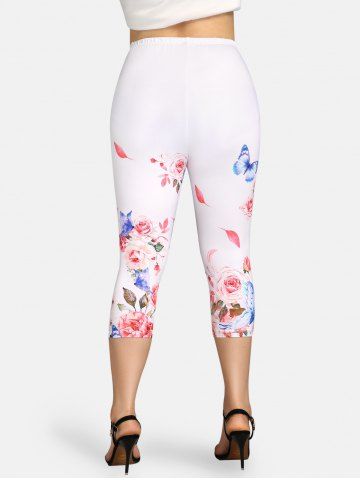 Plus Size & Curve High Rise Butterfly Rose Print Capri Leggings