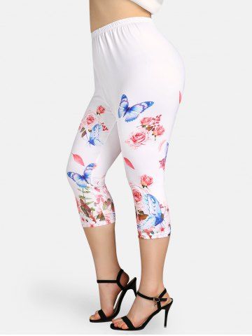 Plus Size & Curve High Rise Butterfly Rose Print Capri Leggings