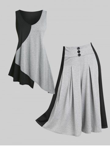 Colorblock Asymmetric Tank Top and Capri Culotte Pants Plus Size Summer Outfit - BLACK