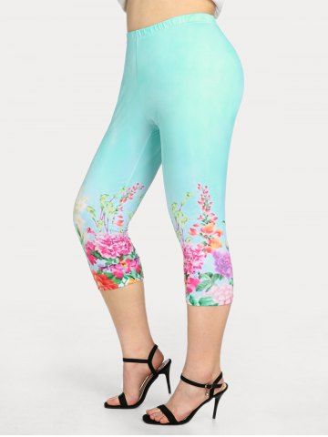Plus Size & Curve Floral Print High Rise Capri Leggings - BLUE - 4X | US 26-28