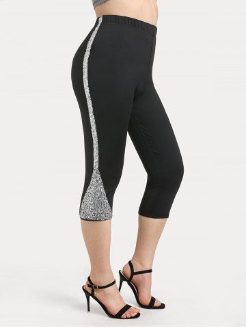Plus Size & Curve High Waisted Sequin Capri Pants - BLACK - 4X