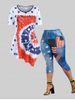 Patriotic American Flag Print Asymmetrical Tee and Capri Jeggings Plus Size Summer Outfit -  