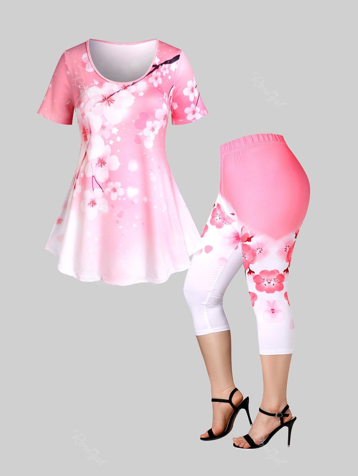 Discount Cottagecore Peach Blossom Tee and Curve Capri Leggings Plus Size Summer Outfit  