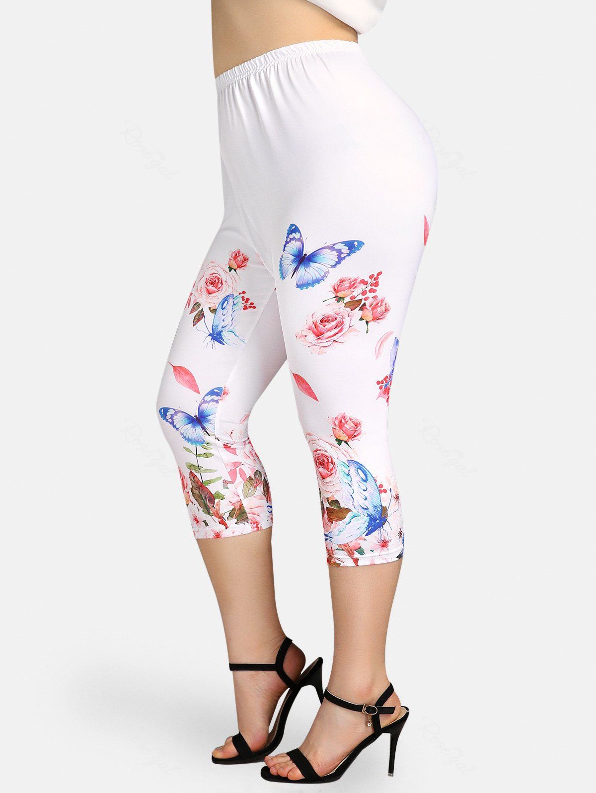 Shop Plus Size & Curve High Rise Butterfly Rose Print Capri Leggings  