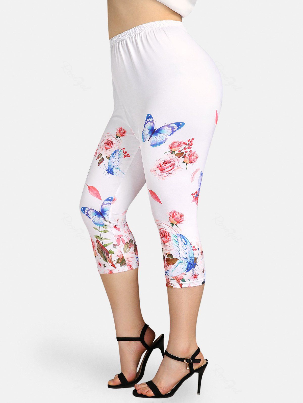 Best Plus Size & Curve High Rise Butterfly Rose Print Capri Leggings  