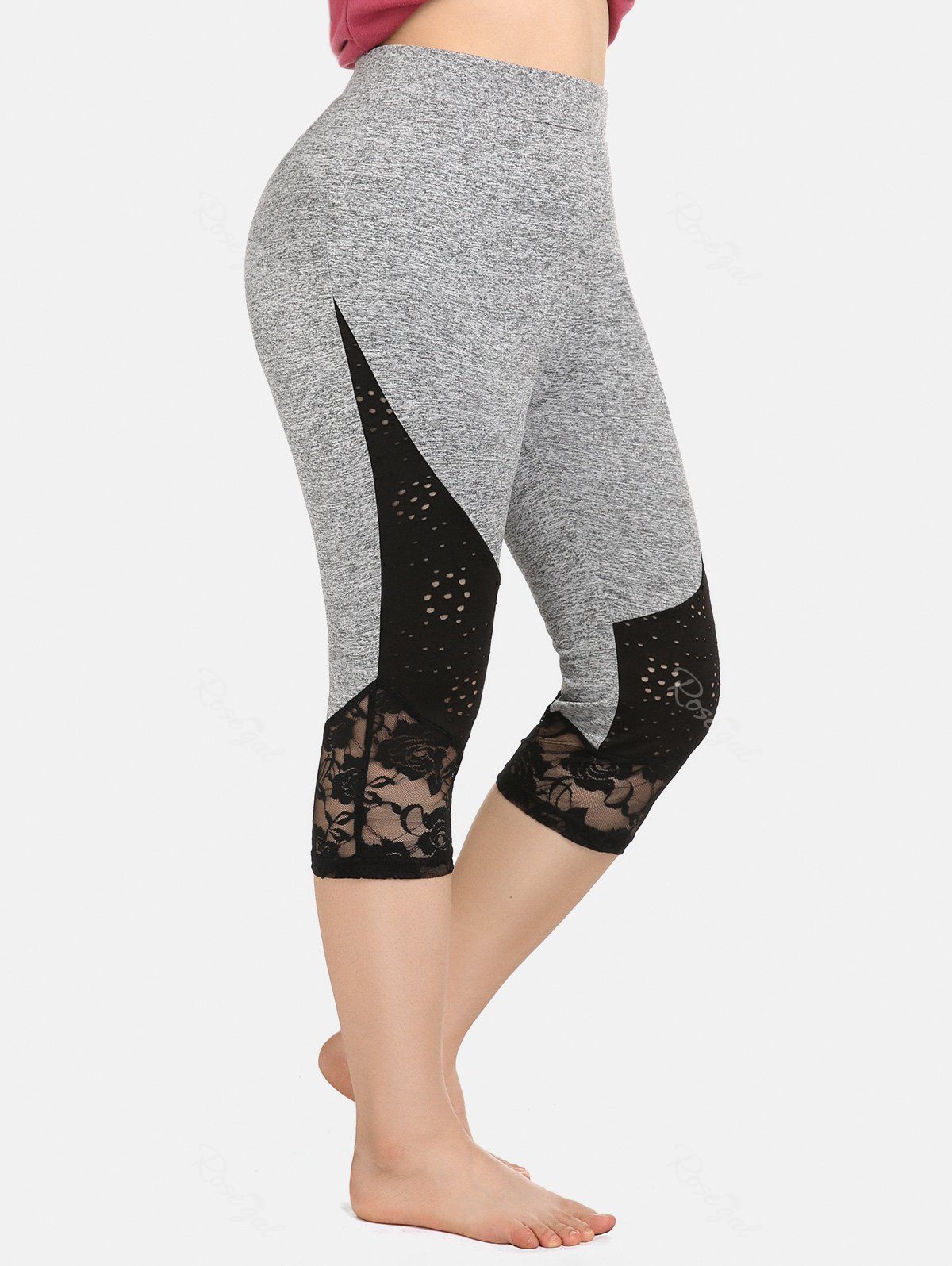 Outfits Plus Size Lace Panel Space Dye Perforated Capri Leggings  