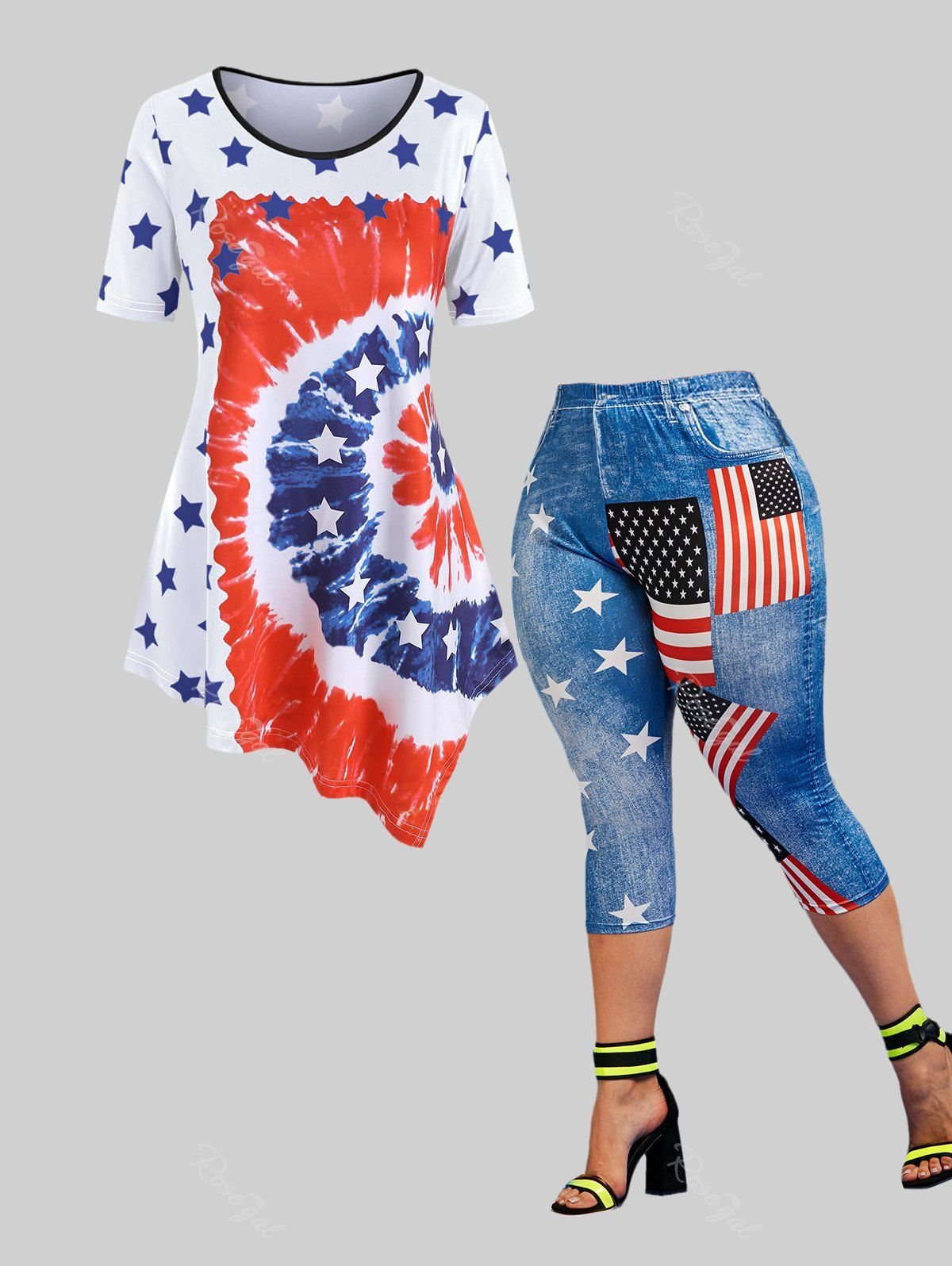 Discount Patriotic American Flag Print Asymmetrical Tee and Capri Jeggings Plus Size Summer Outfit  