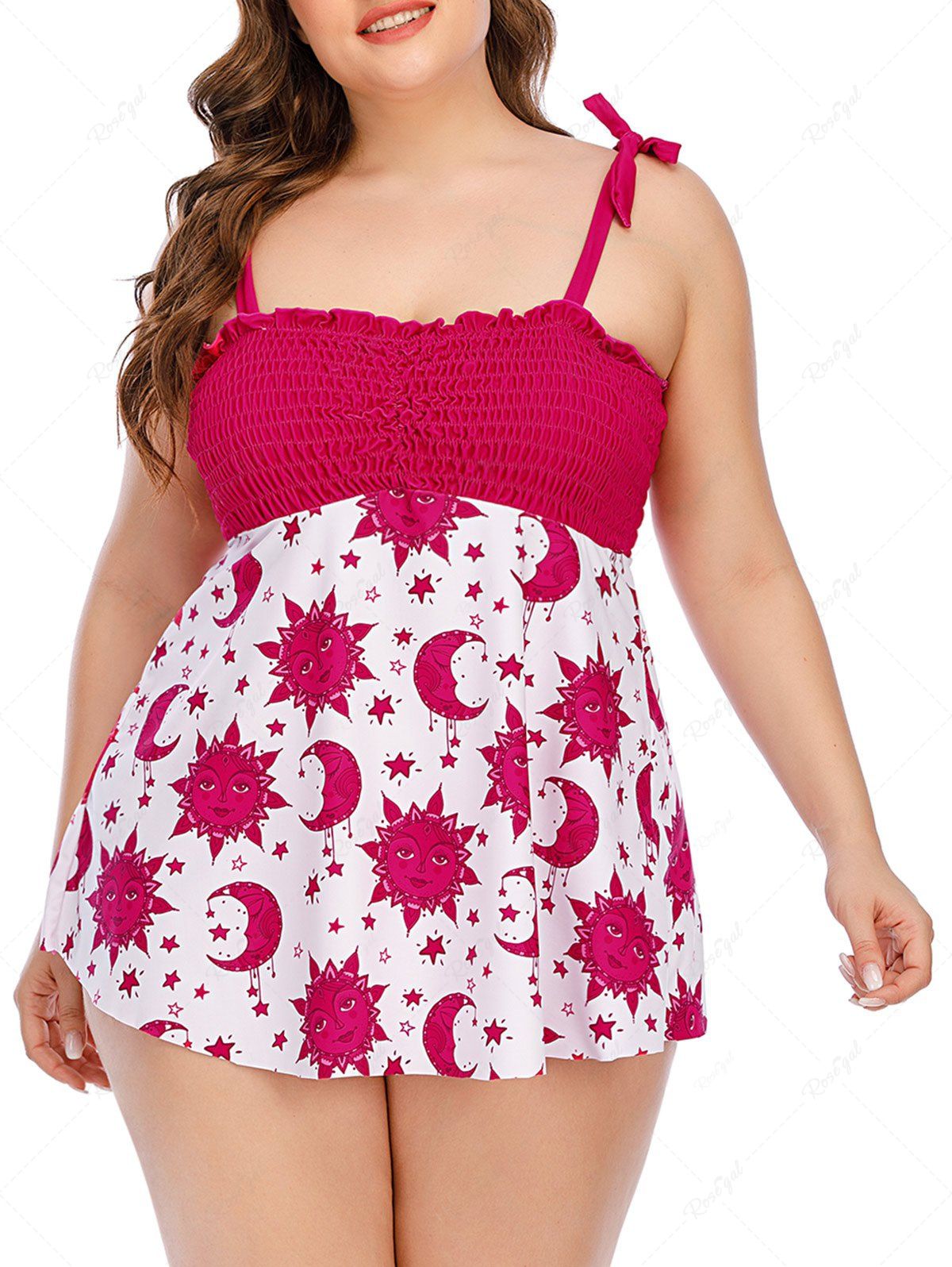 New Plus Size & Curve Tie Shoulder Printed Smocked Modest Tankini Swimsuit  