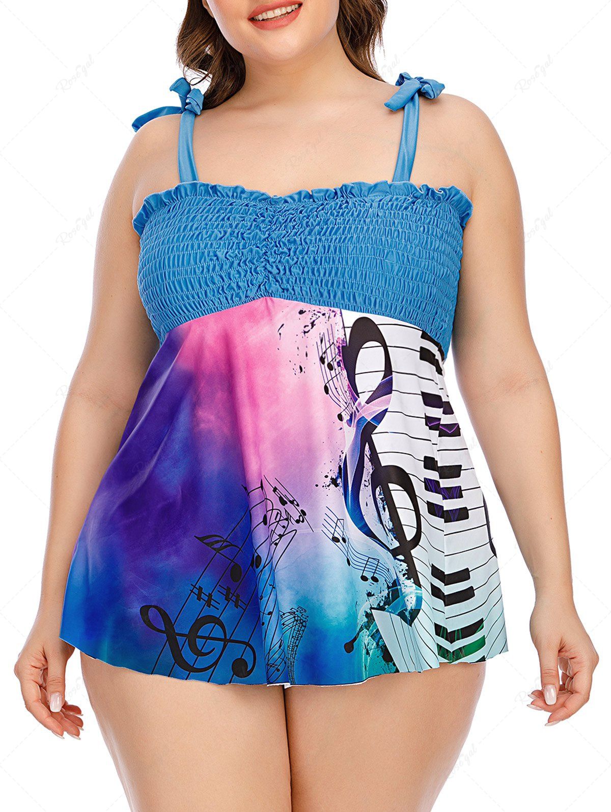 Outfit Plus Size & Curve Tie Shoulder Printed Smocked Modest Tankini Swimsuit  