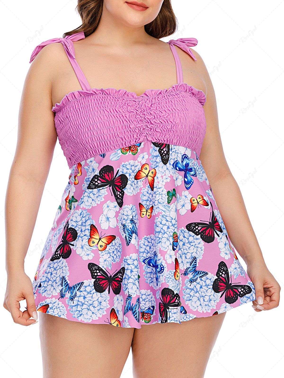 Hot Plus Size & Curve Tie Shoulder Printed Smocked Modest Tankini Swimsuit  