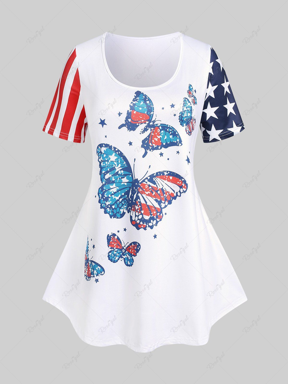 T-shirt Courbe à Imprimé  Drapeau Américain Papillon Grande Taille Blanc 3X | US 22-24