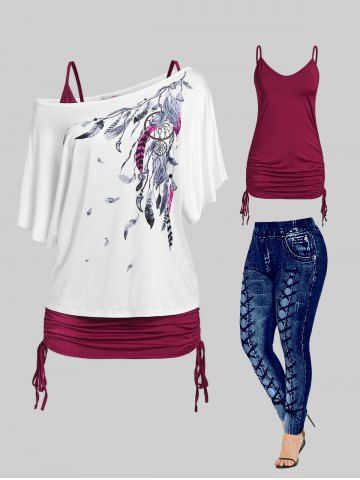 Skew Neck Tee & Cinched Tank Top Set & 3D Leggings Plus Size Summer Outfit