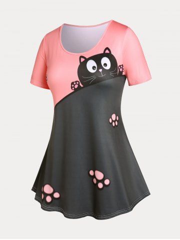 Plus Size & Curve Two Tone Cat Print Short Sleeves Tee - MULTI - 2X | US 18-20