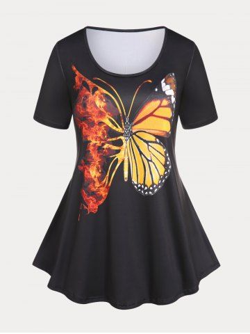 Plus Size & Curve Basic Fire Butterfly Print Flared Tee - BLACK - M | US 10