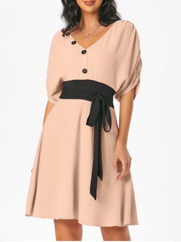 Ruched Sleeve Contrast Waist Mini Dress - LIGHT PINK - M