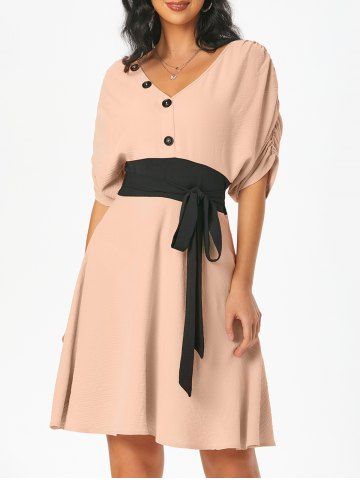 Ruched Sleeve Contrast Waist Mini Dress - LIGHT PINK - XXXL