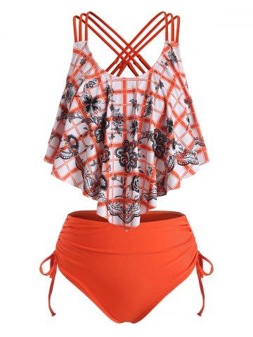 Criss Cross Floral Plaid Tankini Swimwear - ORANGE - M