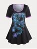 Plus Size & Curve Contrast Dragon Printed Ringer Tee -  