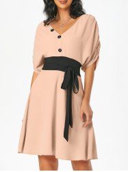 Mini-Robe Contrastée Manches Plissées - Rose clair XXXL