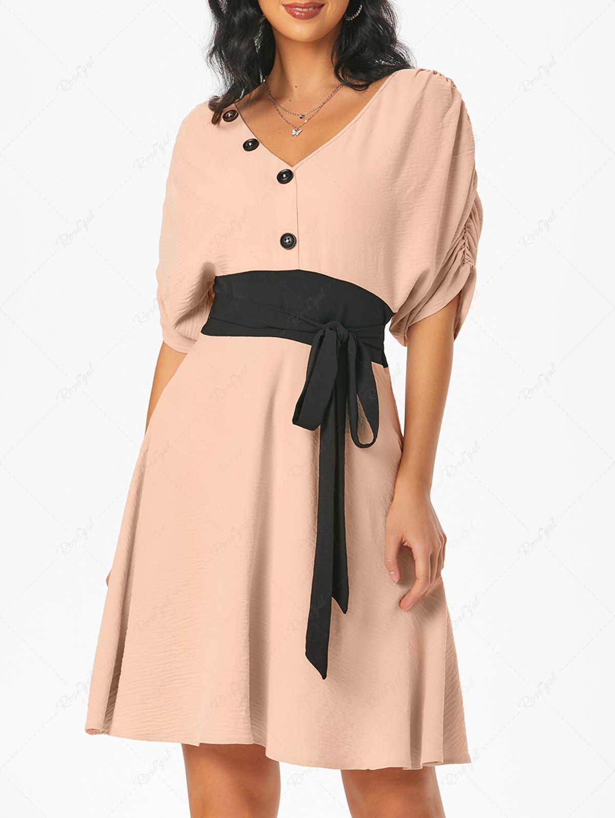 Mini-Robe Contrastée Manches Plissées Rose clair XXXL