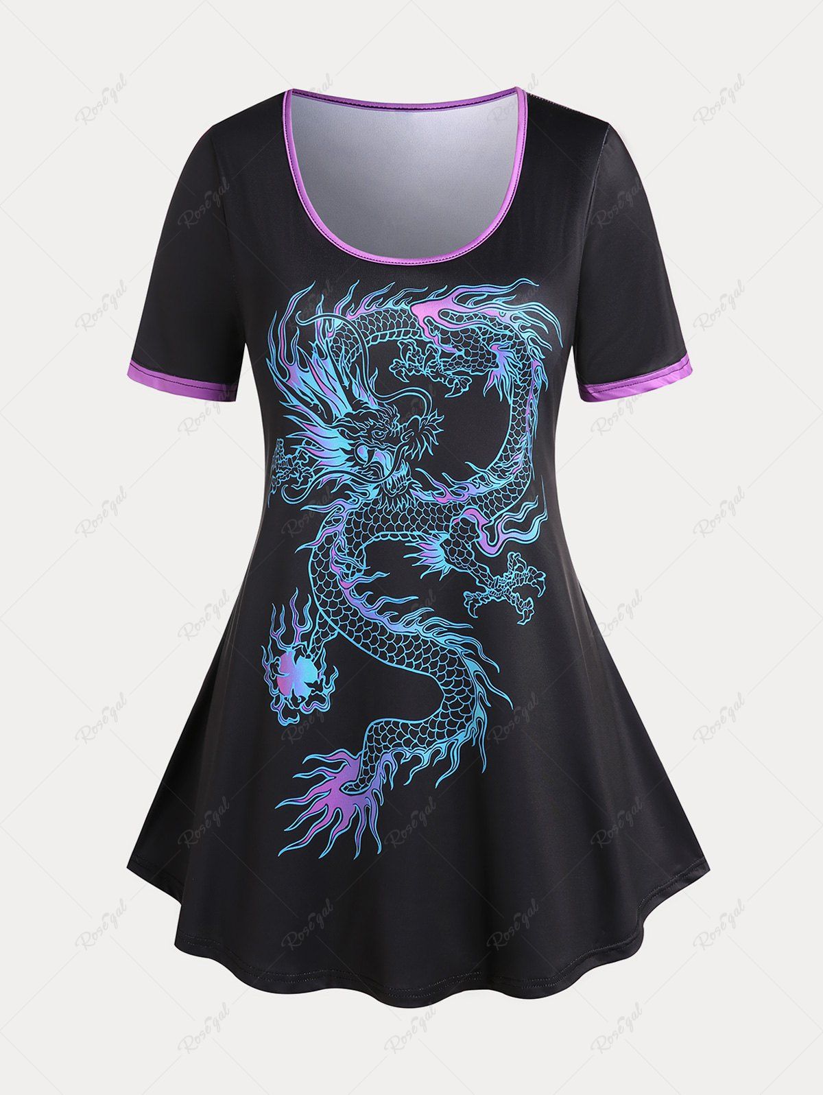 Fancy Plus Size & Curve Contrast Dragon Printed Ringer Tee  