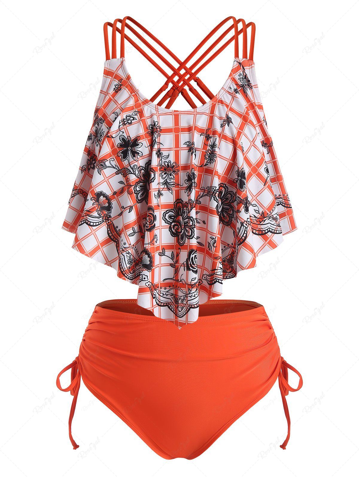 Maillot de Bain Tankini Croisé Fleuri à Carreaux Orange XXXL