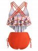 Maillot de Bain Tankini Croisé Fleuri à Carreaux - Orange XXXL