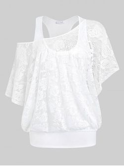 Plus Size Skew Neck Sheer Lace Blouse and Racerback Tank Top - WHITE - 1X