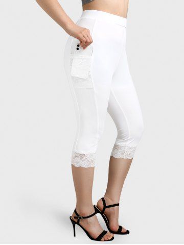 Plus Size & Curve Lace Panel Pocket Solid Capri Leggings