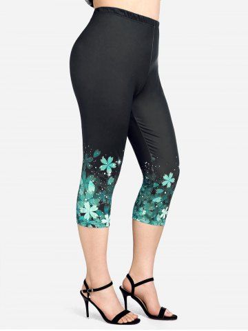 Plus Size High Waist Floral Print Capri Leggings