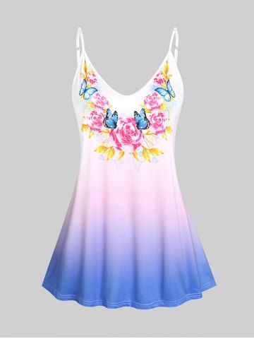 Plus Size & Curve Rose Butterfly Print Ombre Color Tank Top - WHITE - XL
