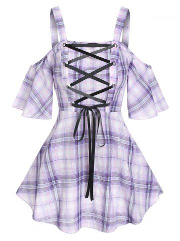 Plaid Lace Up Open Shoulder Blouse - LIGHT PURPLE - M