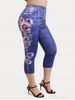 Plus Size Flower 3D Jean Print Capri High Rise Jeggings -  