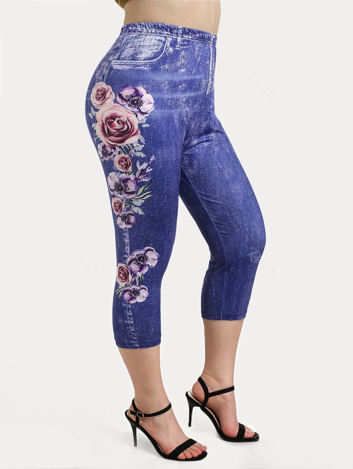Store Plus Size Flower 3D Jean Print Capri High Rise Jeggings  