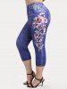 Plus Size Flower 3D Jean Print Capri High Rise Jeggings -  
