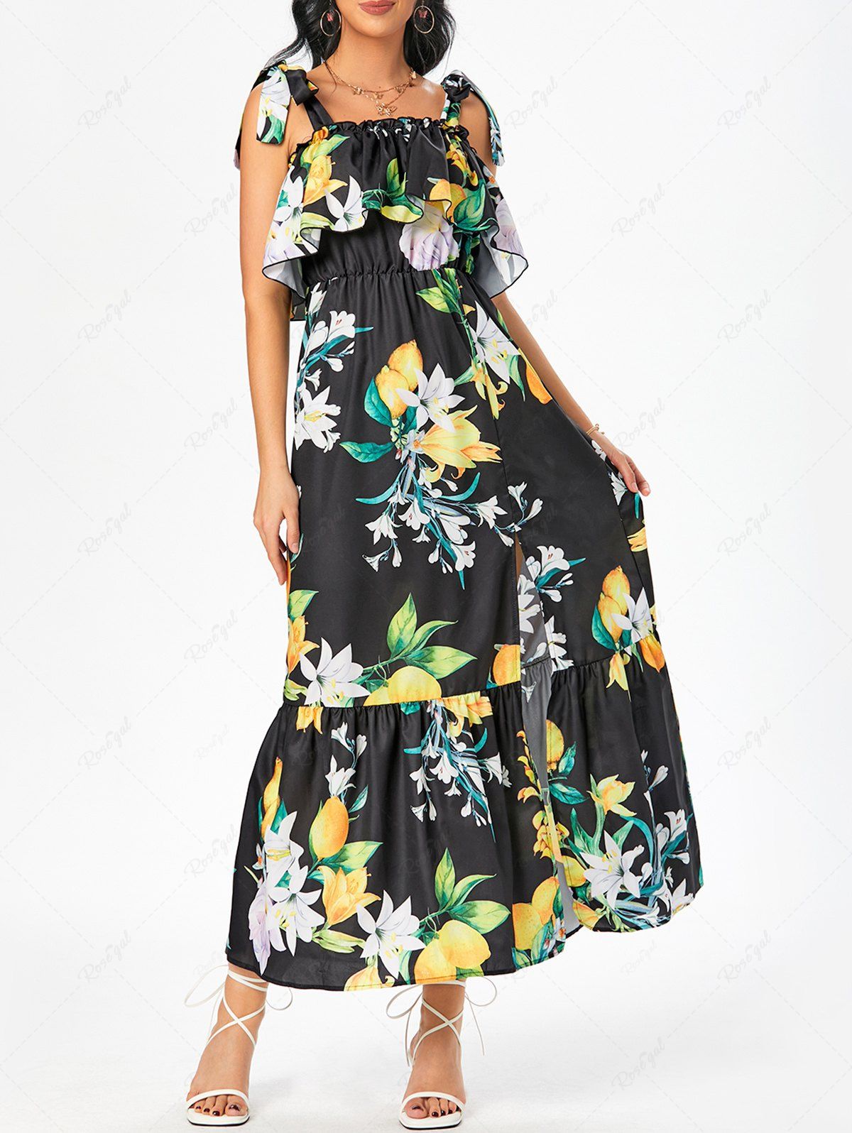 Fancy Tie Strap Lemon Flower Print Flounce Dress  