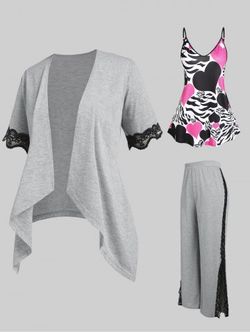 Open Cardigan & Heart Print Tank Top & Slit Wide Leg Pants Plus Size Outfit - GRAY