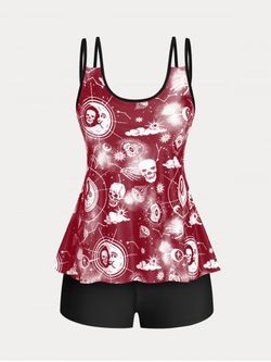 Gothic Skull Print Plus Size & Curve Modest Tankini  Swimsuit - DEEP RED - 1X
