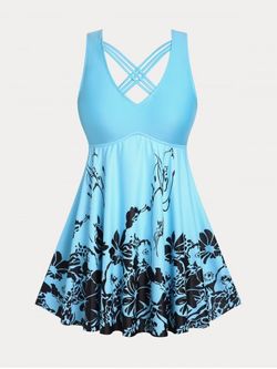 Plus Size & Curve Floral Print Crisscross Modest Tankini Swimsuit - LIGHT BLUE - L